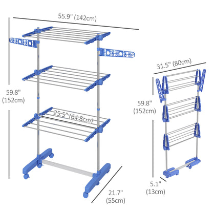 3-Tier Foldable Clothes Drying Rack, Stainless Steel Laundry Rack with 2 Side Wings and 6 Castors, Collapsible Adjustabl