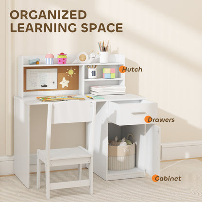 Qaba Kids Desk and Chair Set, Kids Study Table and Chair Set with Storage Hutch, Drawer, Cabinet, Compartments, Cork Boa