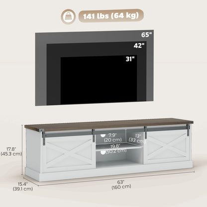 TV Stand for TVs up to 65 Inch, Entertainment Center with Shelves, Cabinets, Sliding Barn Doors, Thick Top, White