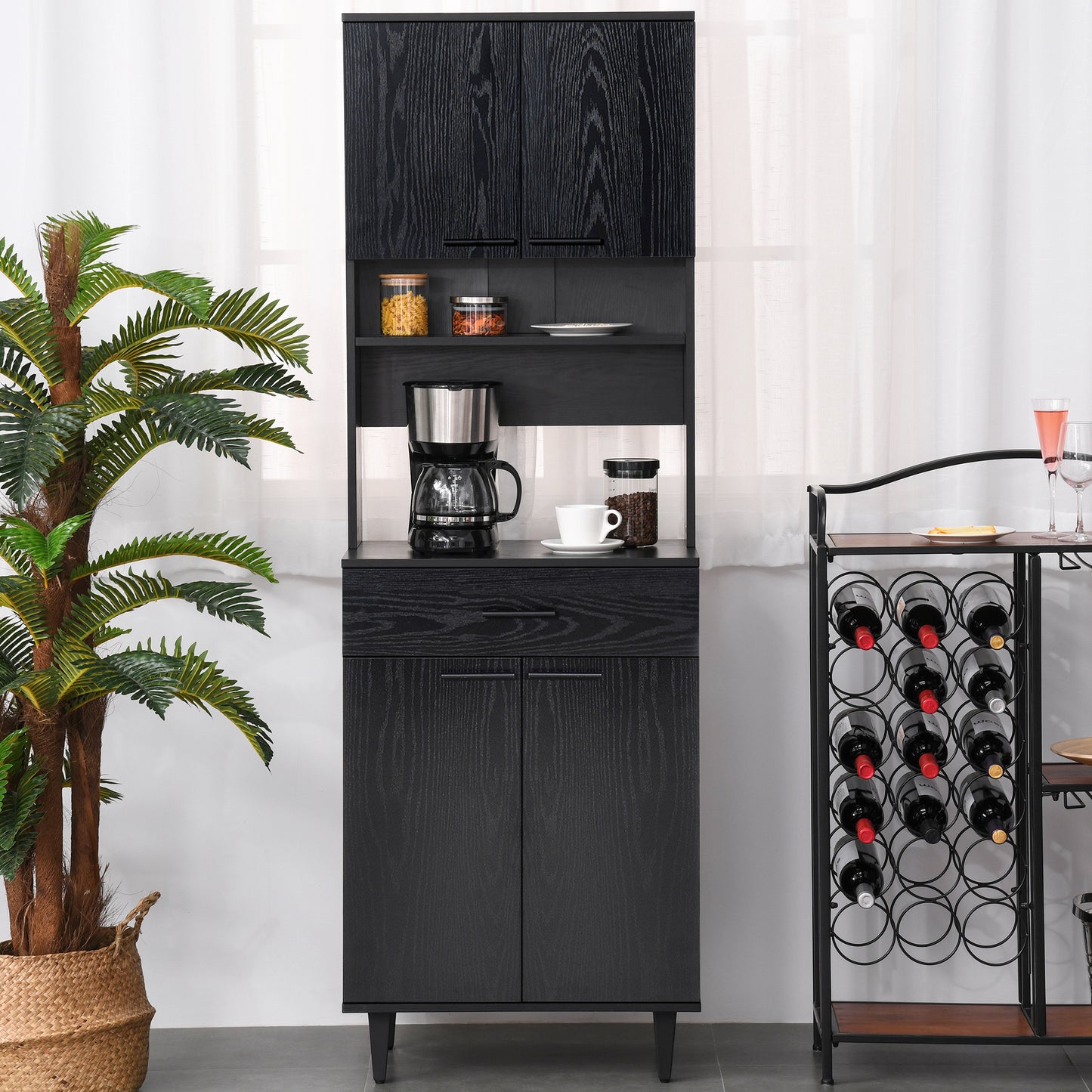 Modern Kitchen Buffet with Hutch Wooden Storage Cupboard with Microwave Counter 2 Cabinet and Drawer for Dining Room Liv