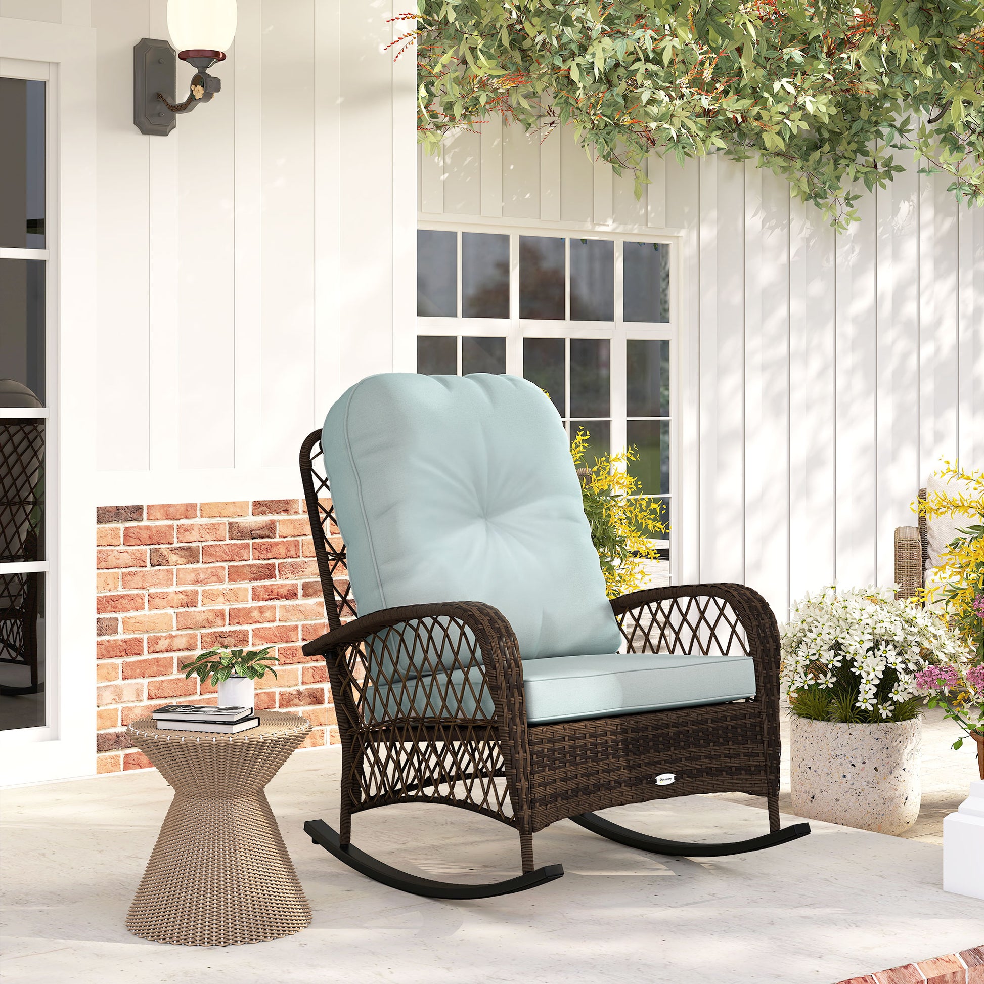 Outdoor Wicker Rattan Rocking Chair Patio Rocker with Thick Cushions for Garden Backyard Porch, Light Green