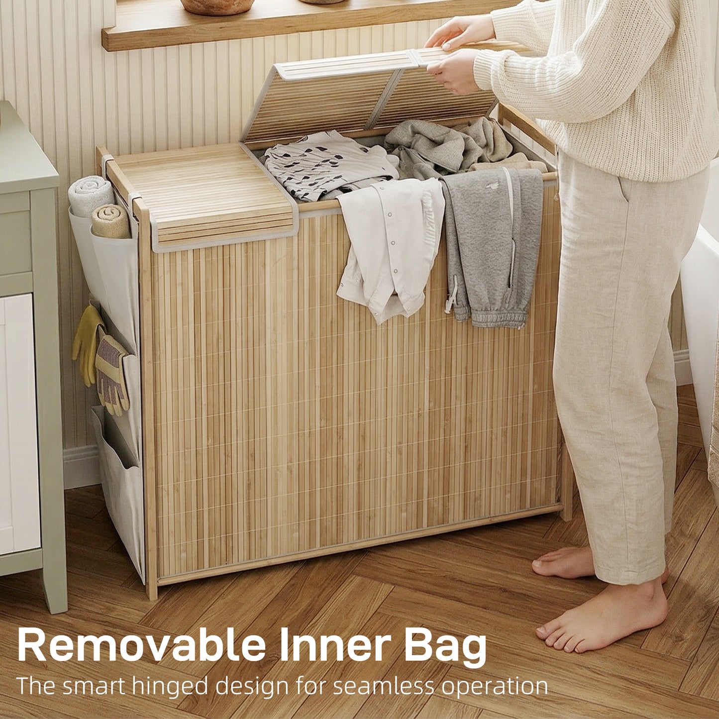 Bamboo Laundry Hamper with Removable Drawstring Bag and Side Storage Pockets, 47 Gal, Natural