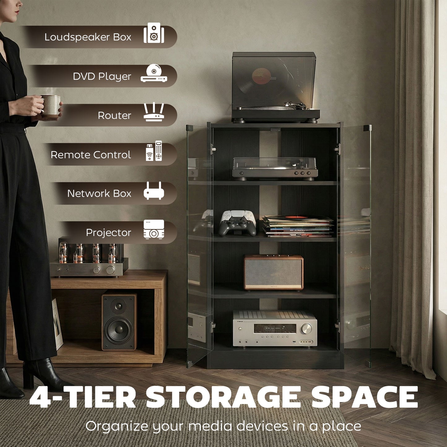 5-Tier AV Media Stand with Push to Open Glass Doors, Audio-Video Storage Cabinet with Adjustable Shelves for DVD Players