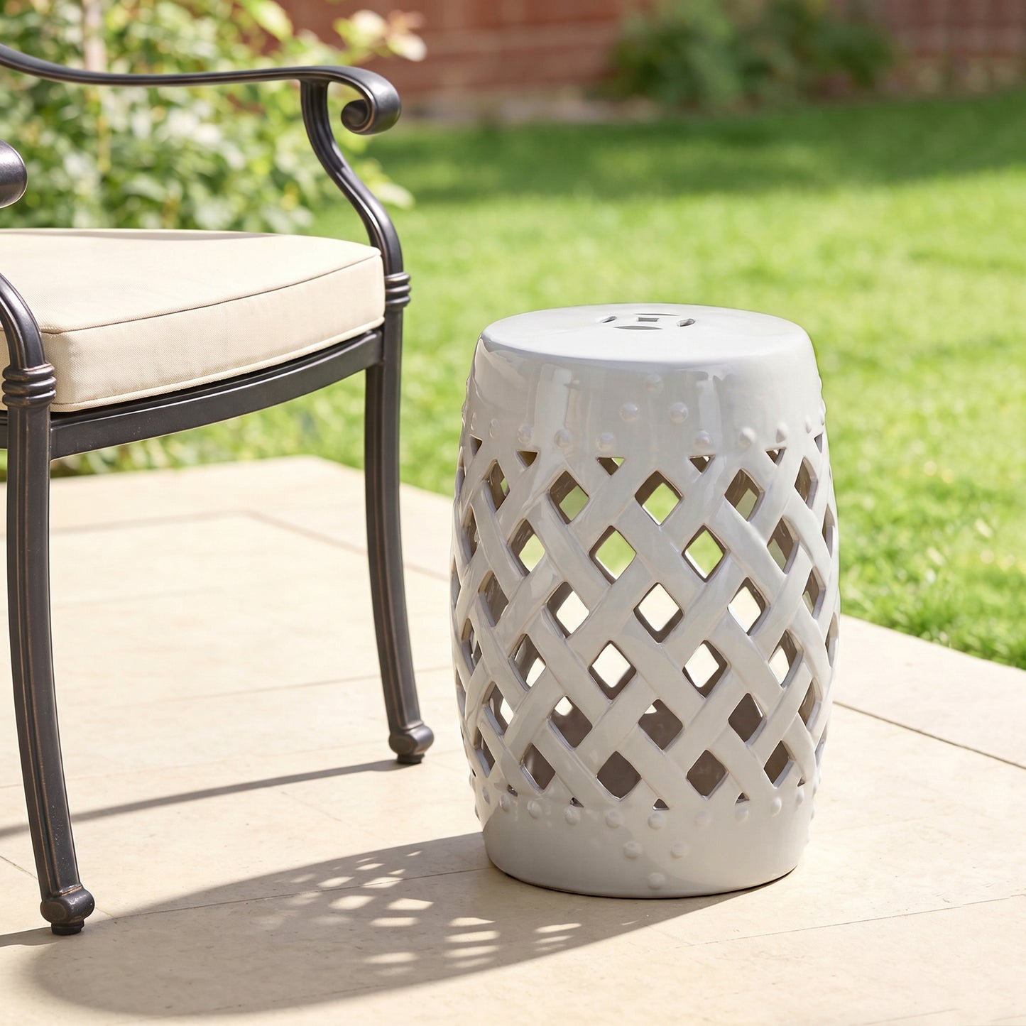12.4" x 17.9" Ceramic Garden Stool with Woven Lattice Design, Indoor & Outdoor Decorative Accent Stool, White