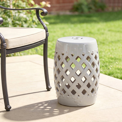 12.4" x 17.9" Ceramic Garden Stool with Woven Lattice Design, Indoor & Outdoor Decorative Accent Stool, White