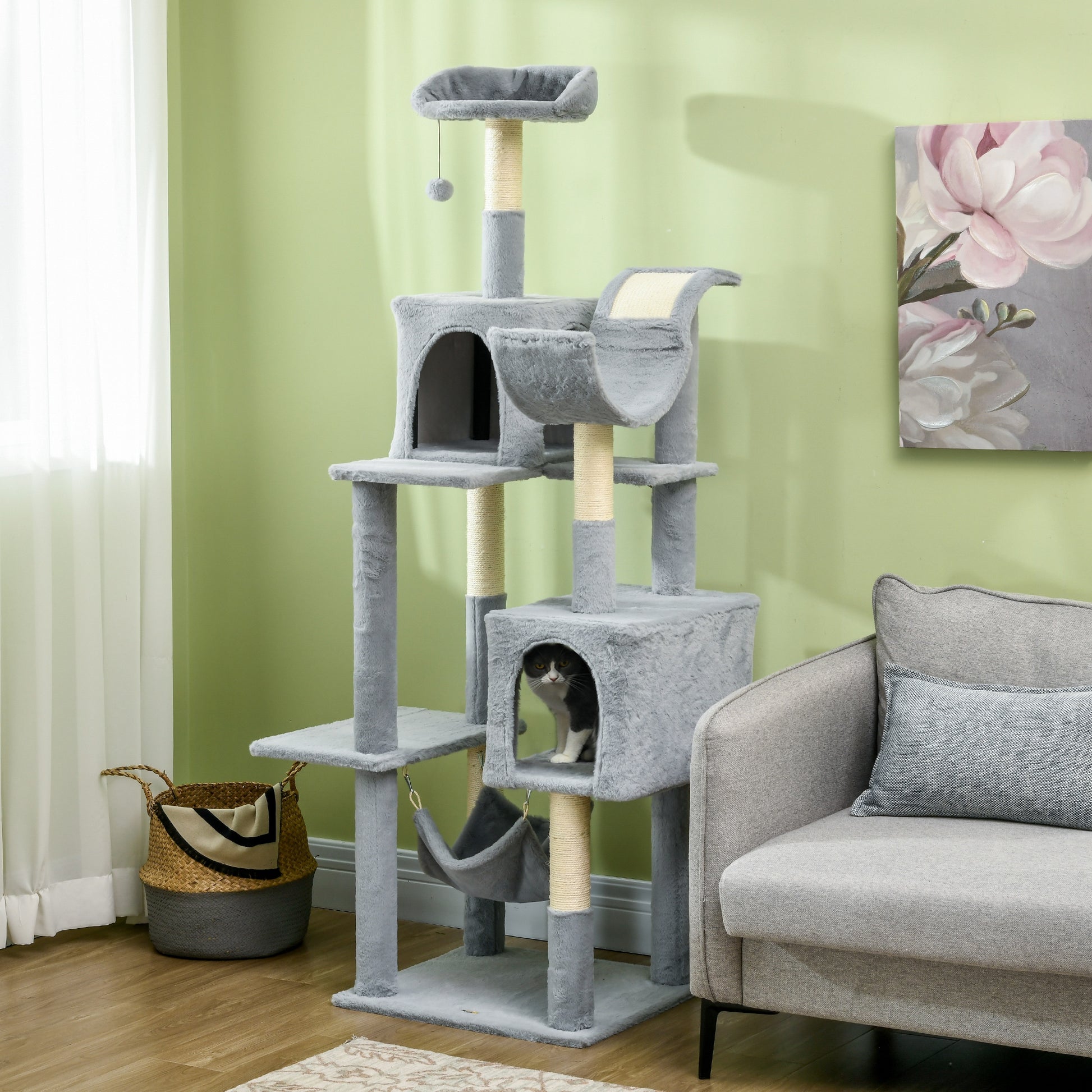 Tall Cat Tree for Indoor Cats, 70" Multi-Level Cat Tower with Hammock, Cat Bed, Cat Condo with Sisal Scratching Posts, B