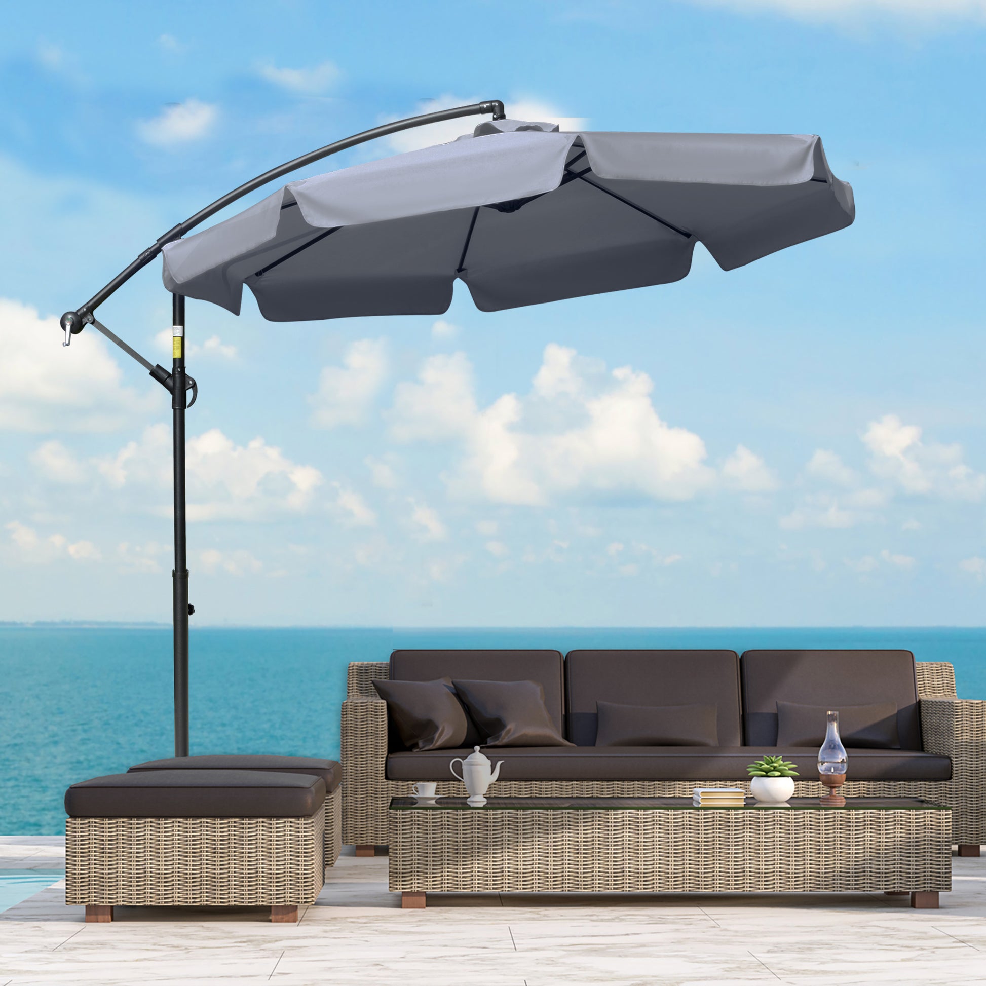 9FT Offset Hanging Patio Umbrella Cantilever Umbrella with Easy Tilt Adjustment, Cross Base and 8 Ribs for Backyard, Poo