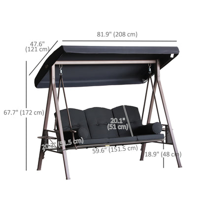 Outdoor Patio 3-Person Steel Canopy Cushioned Seat Bench Swing with Included Side Trays & Padded Comfort, Black