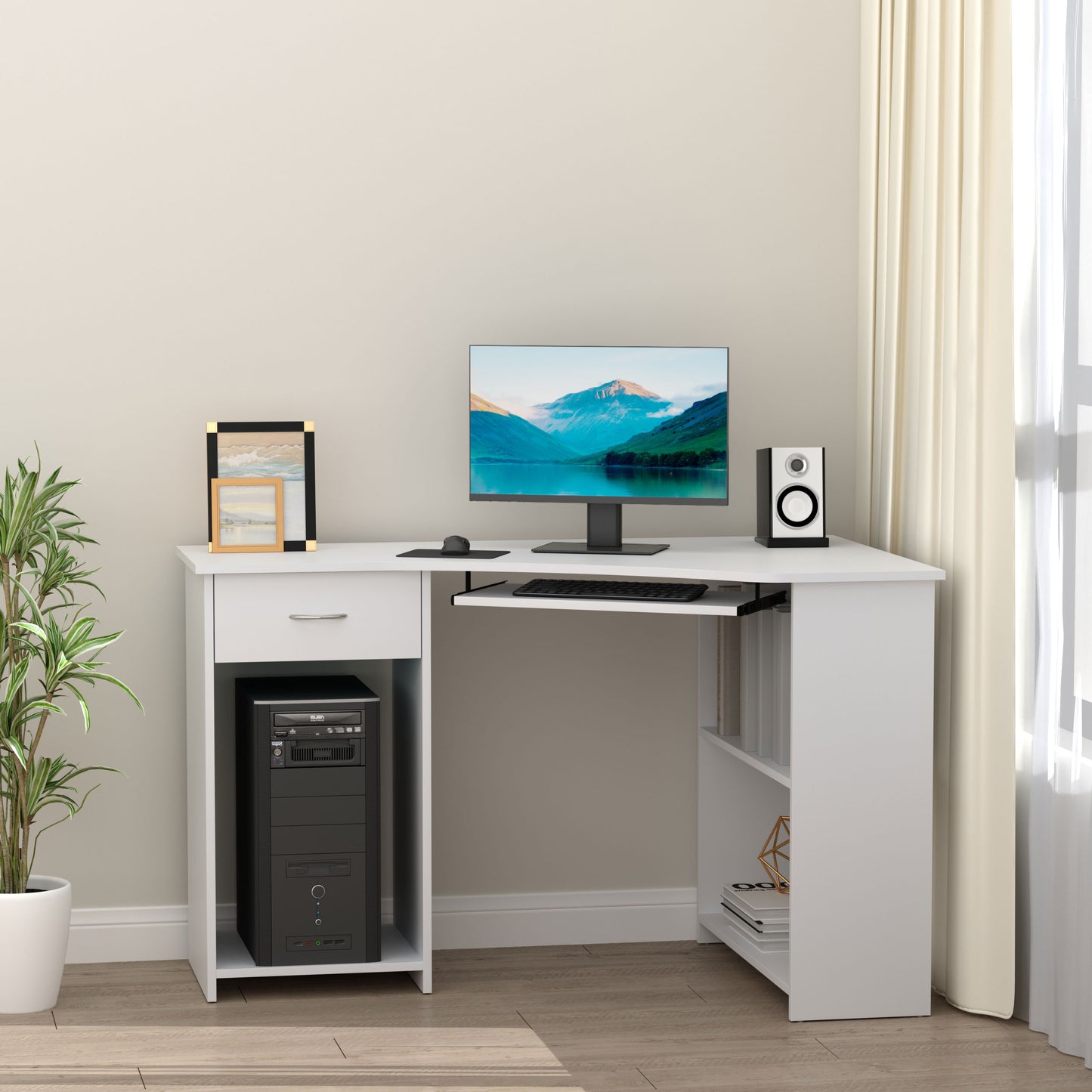 47" L-Shaped Desk with Keyboard Tray, Computer Corner Desk for Small Space with Shelves, Drawer, CPU Stand, Home Office 