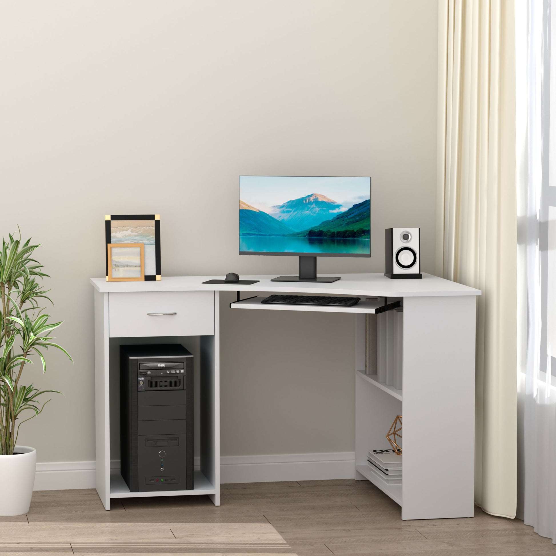 47" L-Shaped Desk with Keyboard Tray, Computer Corner Desk for Small Space with Shelves, Drawer, CPU Stand, Home Office 