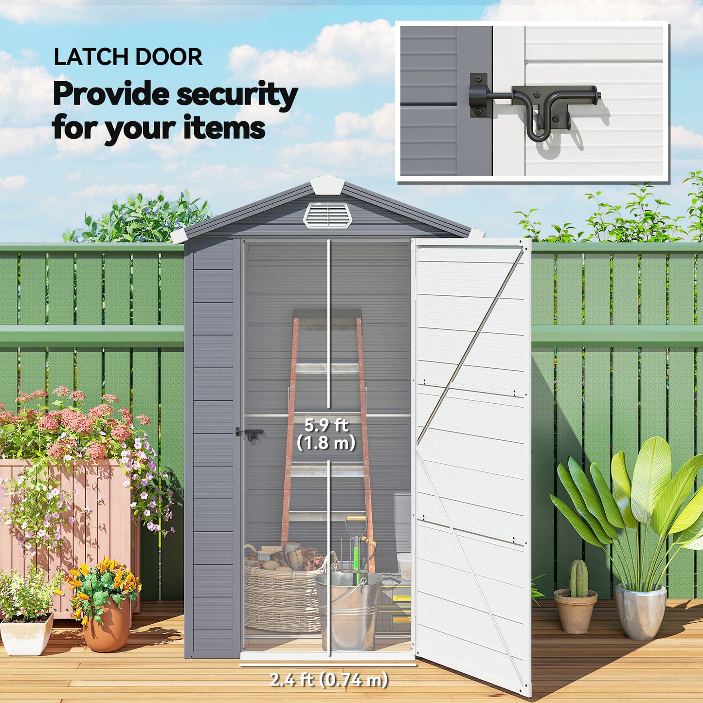 4.4' x 3.3' Plastic Garden Storage Shed with Latch Door, Vents, Sloped Roof, Grey
