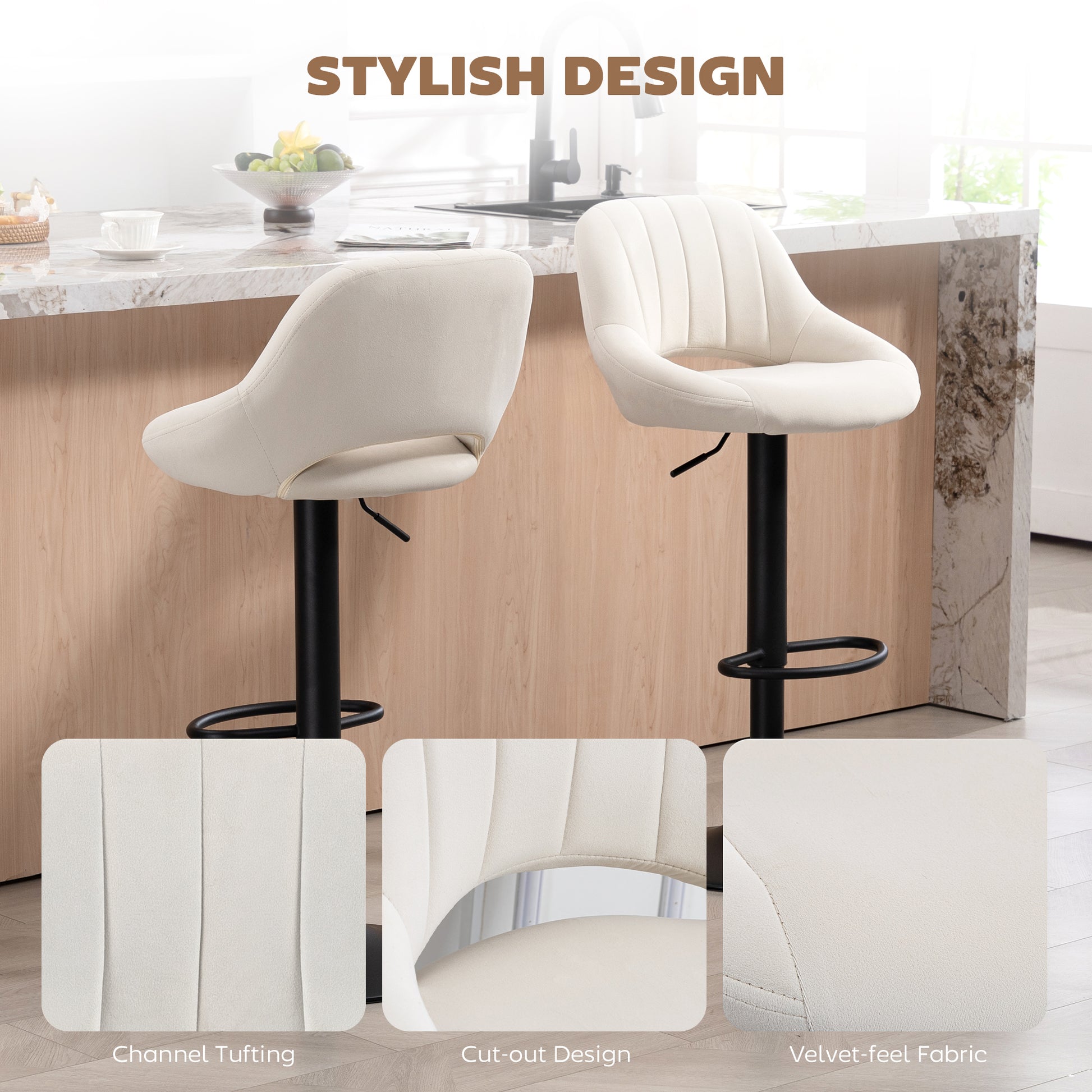Bar Stools Set of 2, Swivel Counter Height Barstools with Adjustable Height and Cutout Back, Velvet Upholstered Bar Chai
