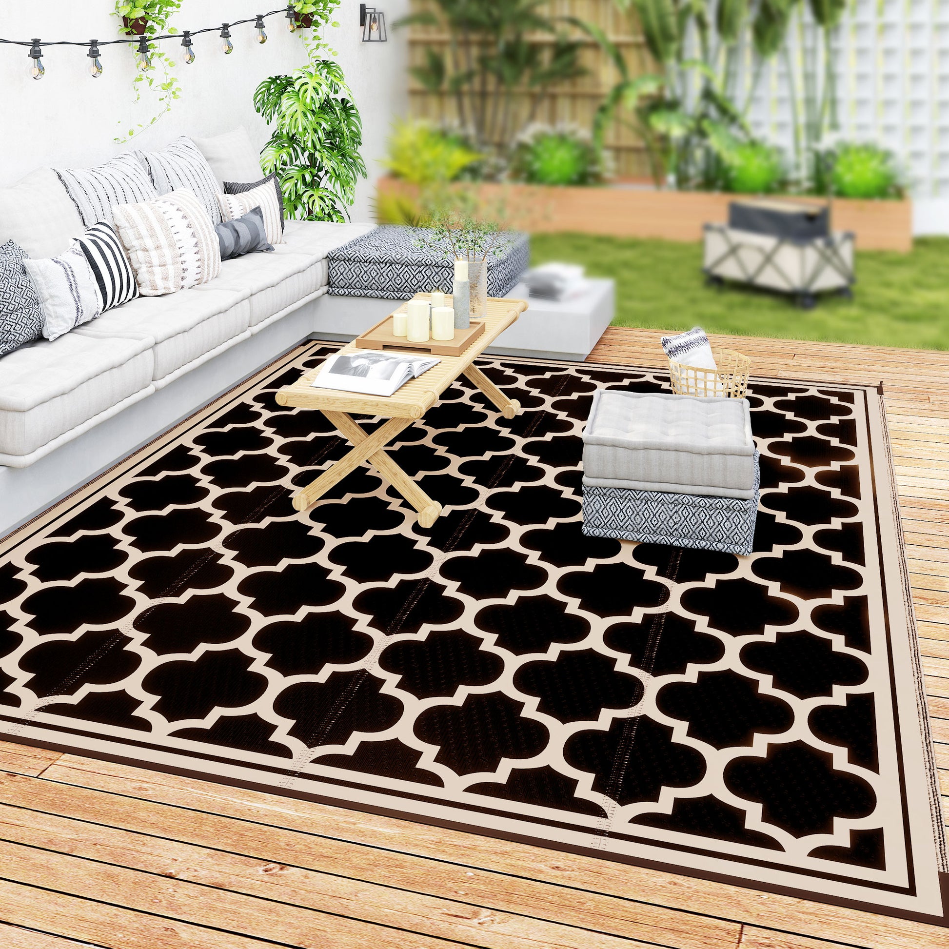 9'x12' Reversible Outdoor RV Rug, Patio Floor Mat, Plastic Straw Rug for Backyard, Deck, Beach, Camping, Black