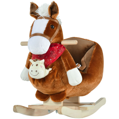 Qaba Baby Rocking Horse, Plush Animal Rocker for Toddlers Aged 18-36 Months, Stuffed Ride Toy with Hand Puppet, Sounds, 