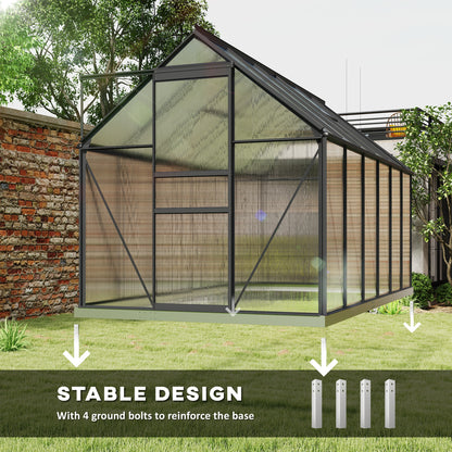 6' x 12' x 6.5' Polycarbonate Greenhouse, Walk-in Green House with Adjustable Roof Vent Galvanized Base Sliding Door Rai