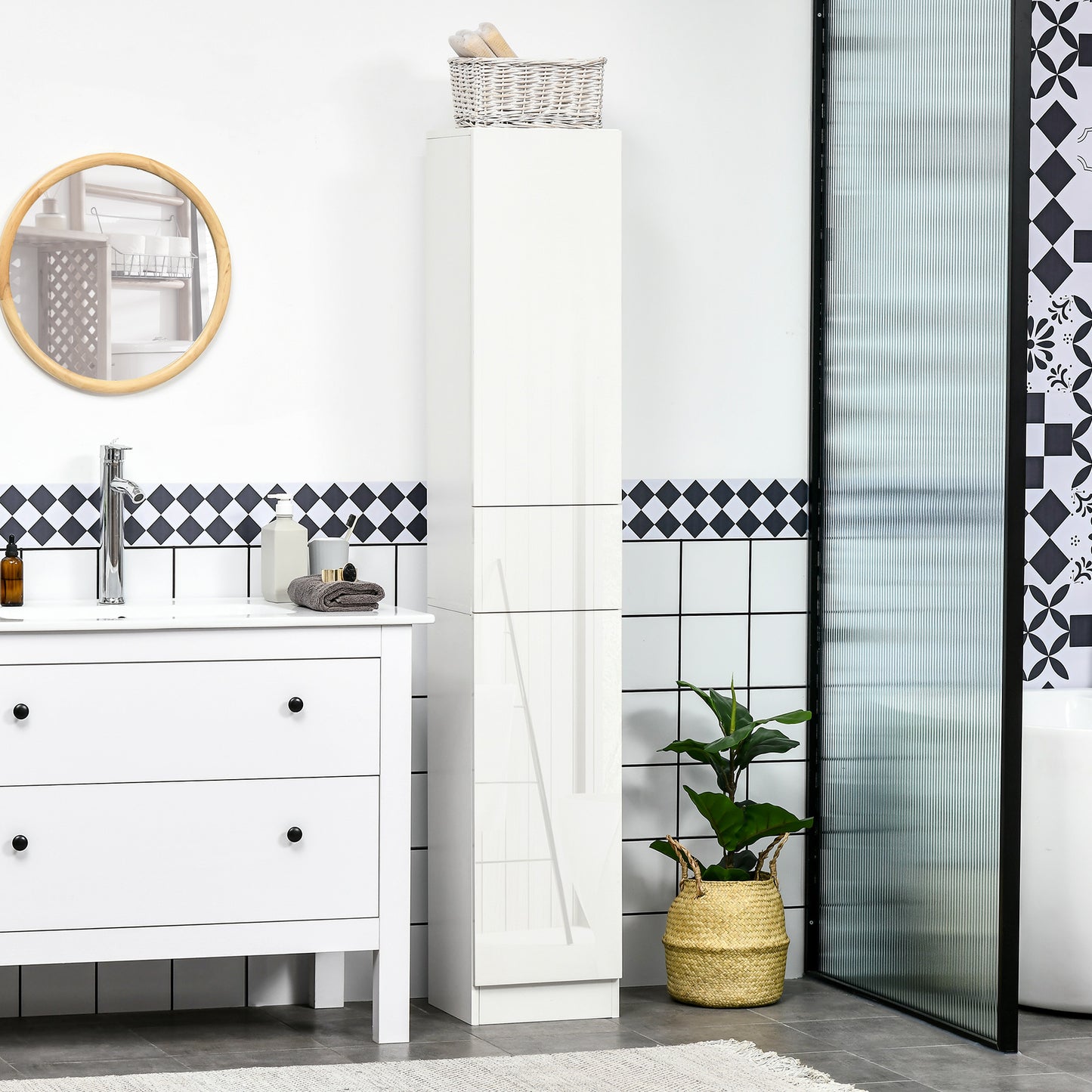 Tall Bathroom Cabinet, Narrow Bathroom Storage Cabinet with Doors, Drawer and Adjustable Shelves, High Gloss White