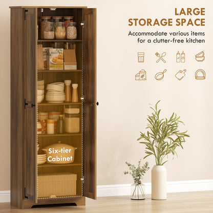 67" Farmhouse Pantry Cabinet with 2 Doors, Tall Storage Cabinet with Adjustable Shelves, Brown Wood Grain