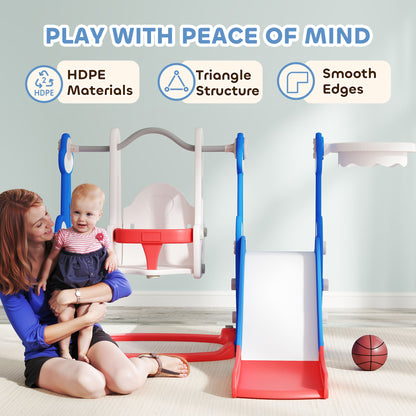 Qaba 4-in-1 Slide and Swing Set with Basketball Hoop, Climber, for Ages 1.5-4 Boys Girls Toddler, Rocket Themed, Dark Bl