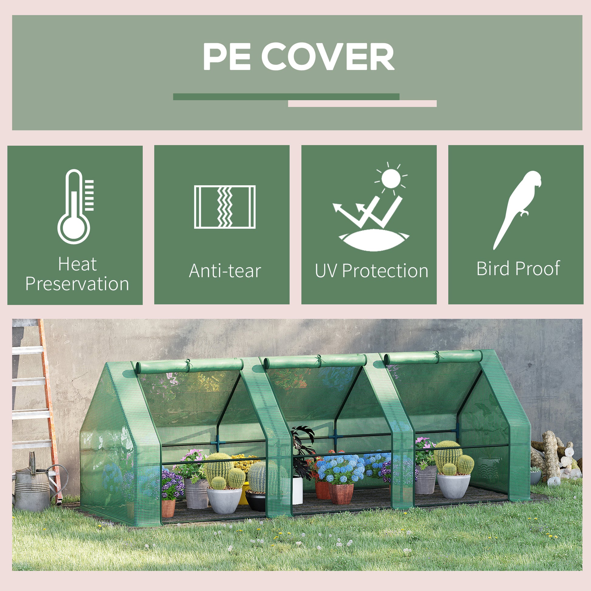 9' x 3' x 3' Portable Mini Greenhouse Tunnel Growing Tent Plants Flower Warm House w/ Zippered Roll-up Doors, PE Cover, 