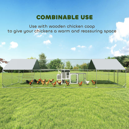 Large Metal Chicken Run with Waterproof & UV-Resistant Cover, Feeding Door, Hanging Feeder, Perch, for 24-30 Chickens