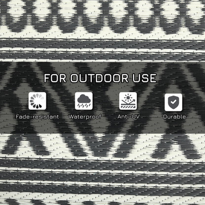 Reversible Outdoor Rug Waterproof Plastic Straw RV Rug with Carry Bag, 9' x 18', Grey and Cream White Boho