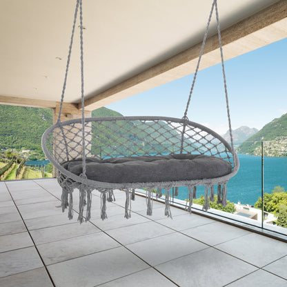 Patio Hammock Chair 2 Seat, Hanging Rope Hammock Swing Chair with Metal Frame and Cushion, Large Macrame Seat for Indoor