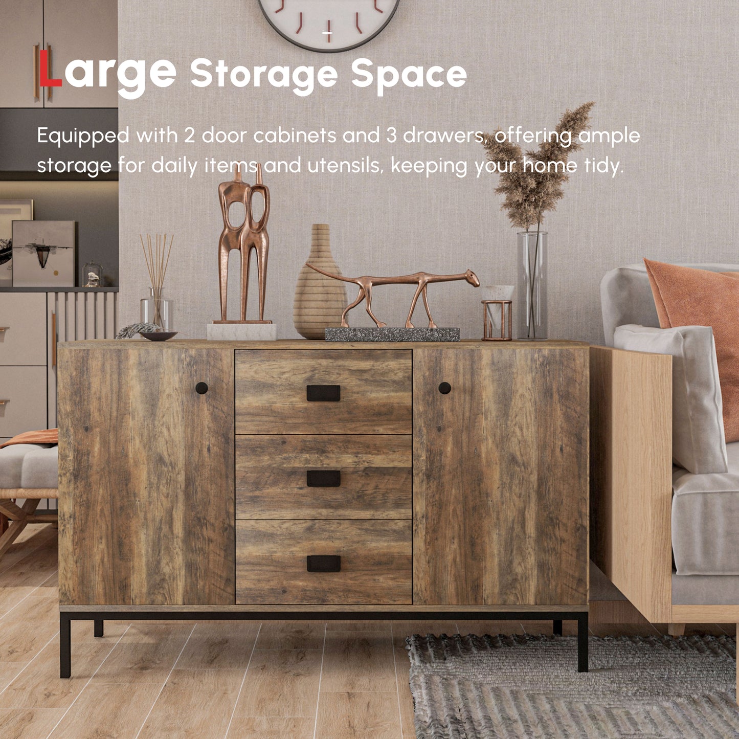 Industrial Sideboard Buffet Storage Cabinet Cupboard with 2 Doors, 3 Drawers and Shelves for Dining Room, Living Room, B