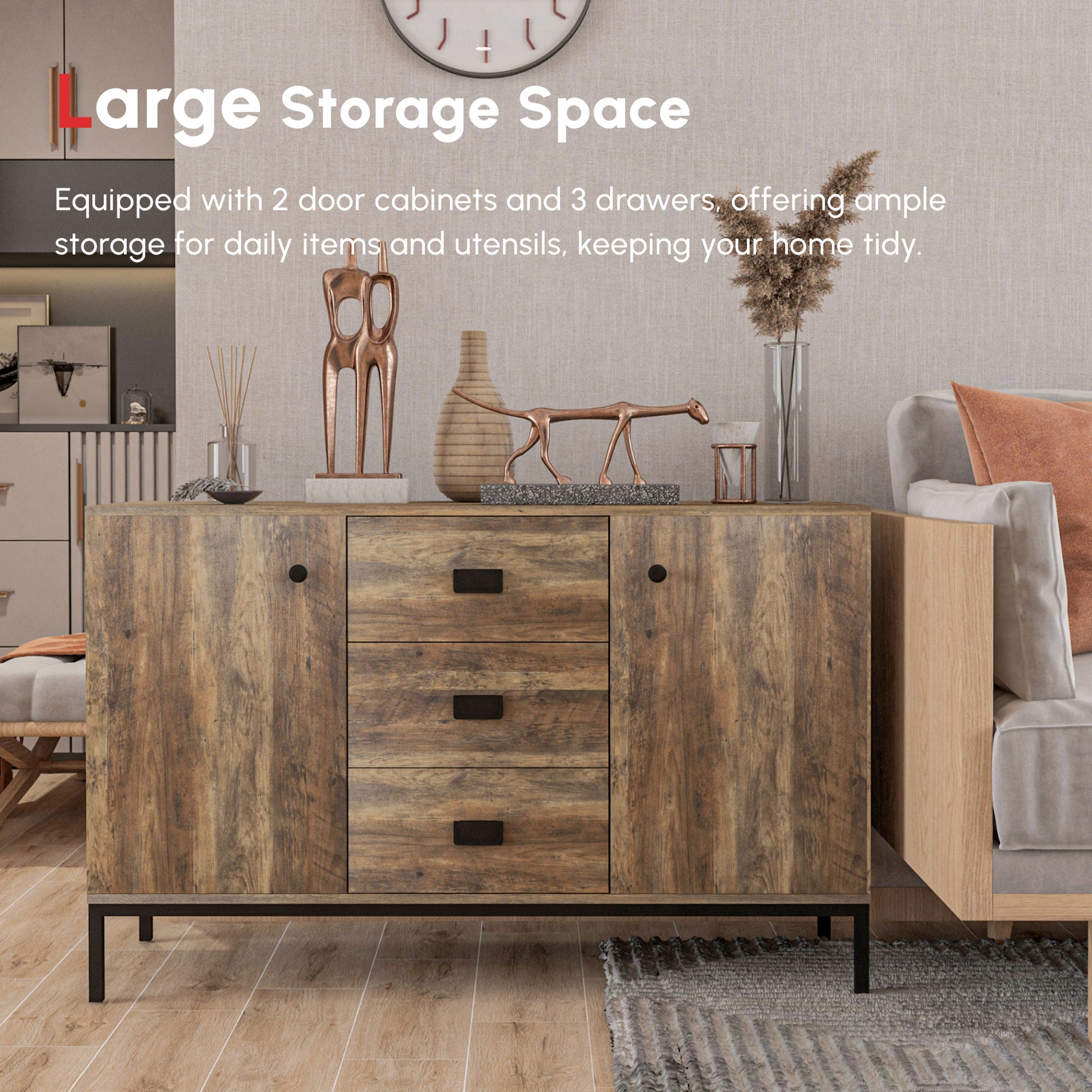 Industrial Sideboard Buffet Storage Cabinet Cupboard with 2 Doors, 3 Drawers and Shelves for Dining Room, Living Room, B