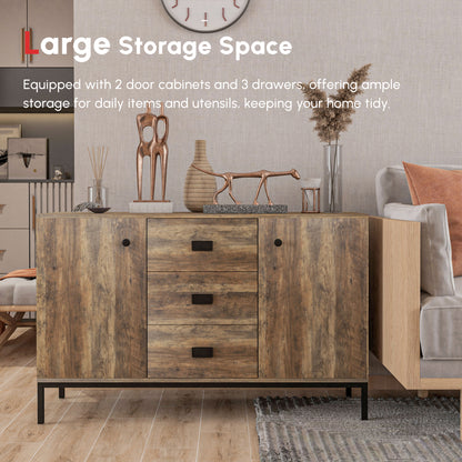 Industrial Sideboard Buffet Storage Cabinet Cupboard with 2 Doors, 3 Drawers and Shelves for Dining Room, Living Room, B