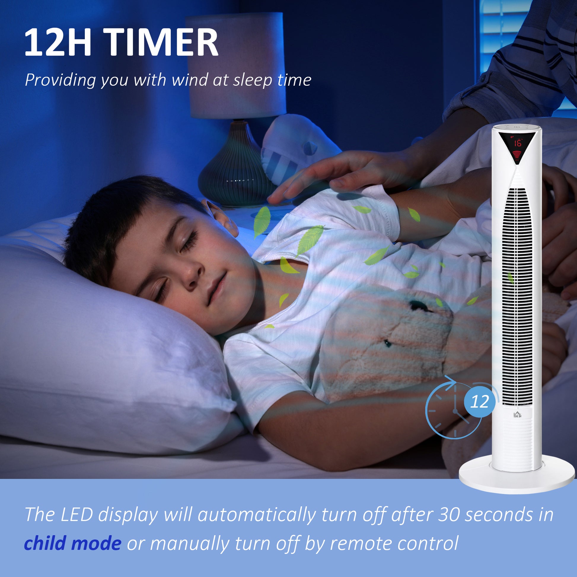 Freestanding Tower Fan Cooling for Home Bedroom with 3 Speed, 12h Timer, Oscillating, LED Sensor Panel, Remote Controlle