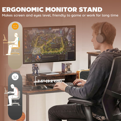 96 Inch Gaming Desk, Dual Computer Desk for 2 Person with Power Outlets and Monitor Stands, Rustic Brown