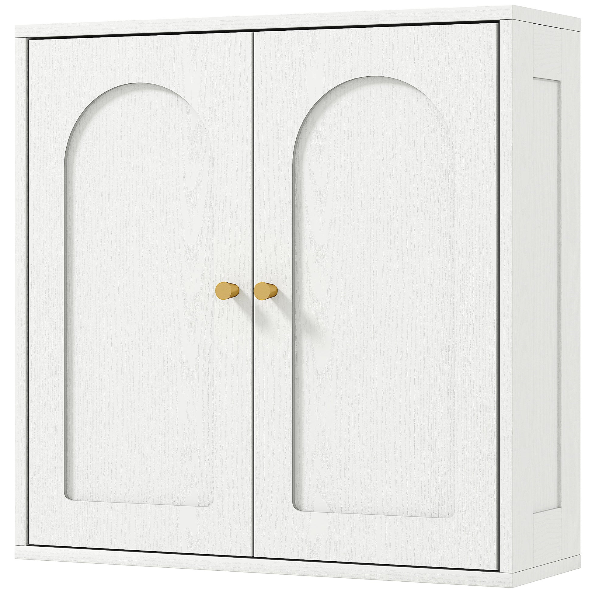 Medicine Cabinet, Modern Bathroom Wall Cabinet with 2 Arched Doors and Gold Handles, White Wood Grain