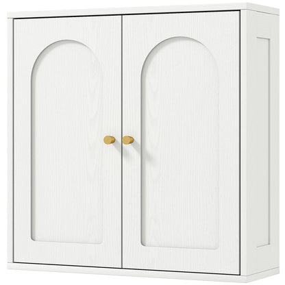 Medicine Cabinet, Modern Bathroom Wall Cabinet with 2 Arched Doors and Gold Handles, White Wood Grain