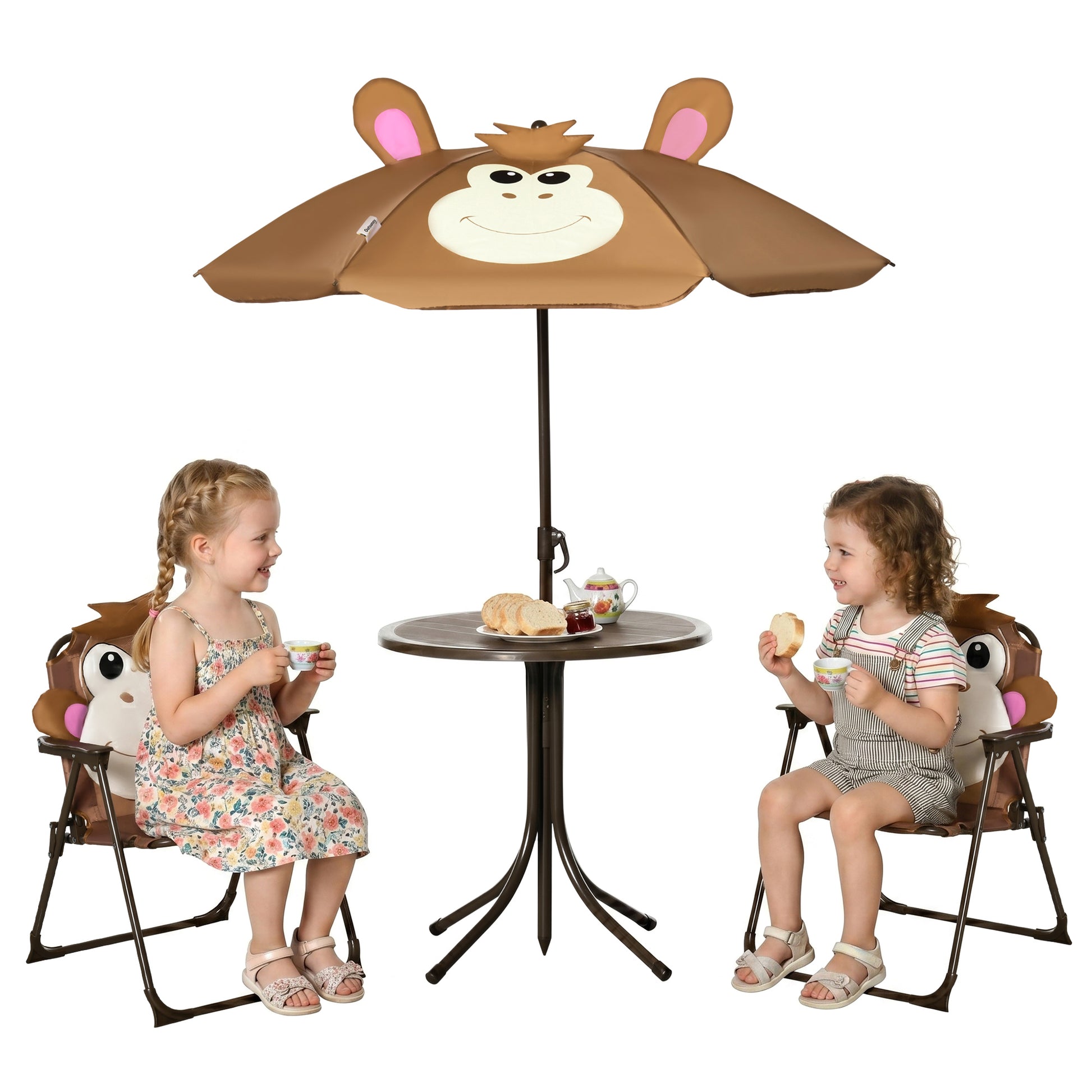 Kids Folding Picnic Table and Chair Set Pattern Outdoor Garden Patio Backyard with Removable & Height Adjustable Sun Umb