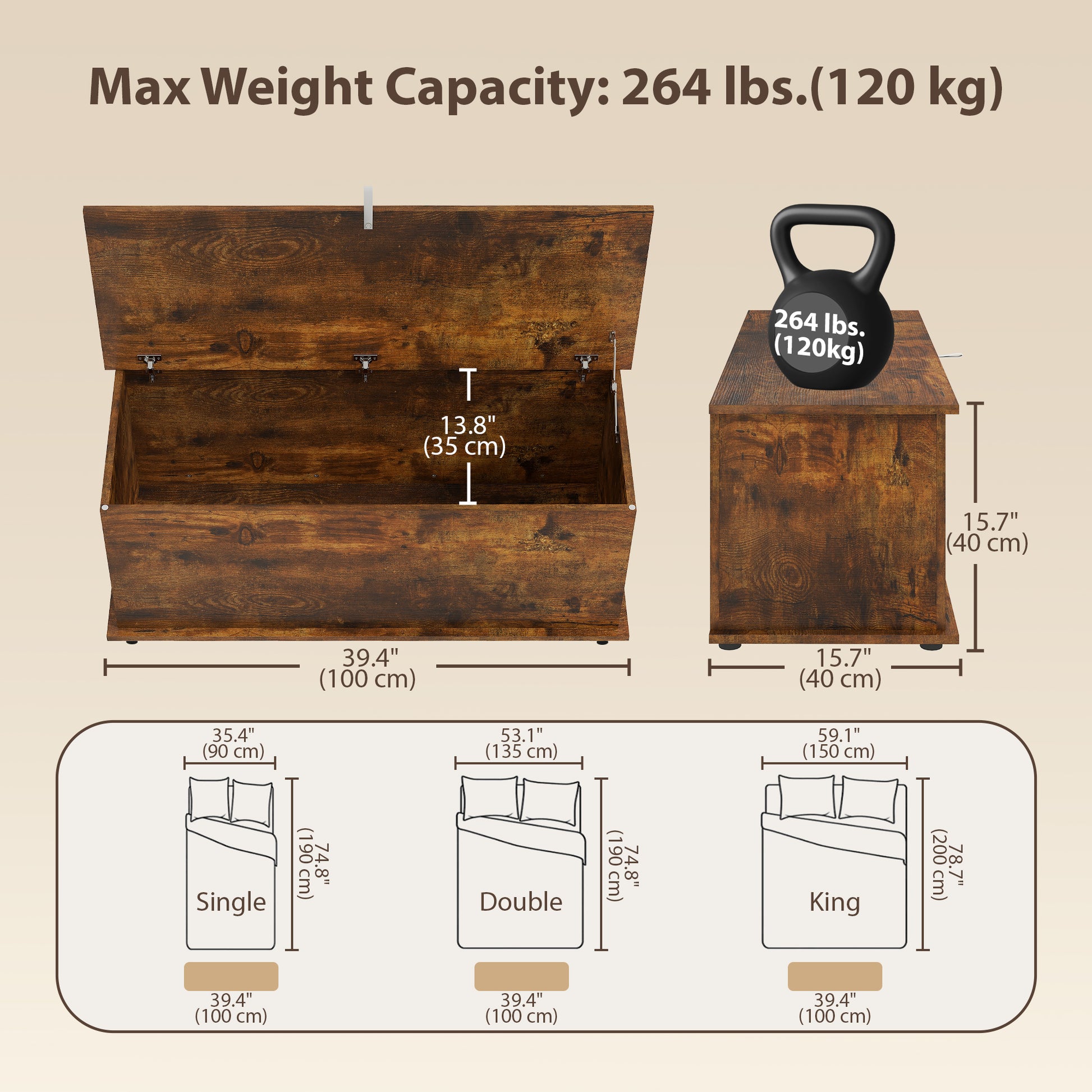 39.5" Storage Chest with 2 Safety Hinges, Storage Box Organizer with Flip-Top Lid, Entryway Storage Bench, Rustic Brown