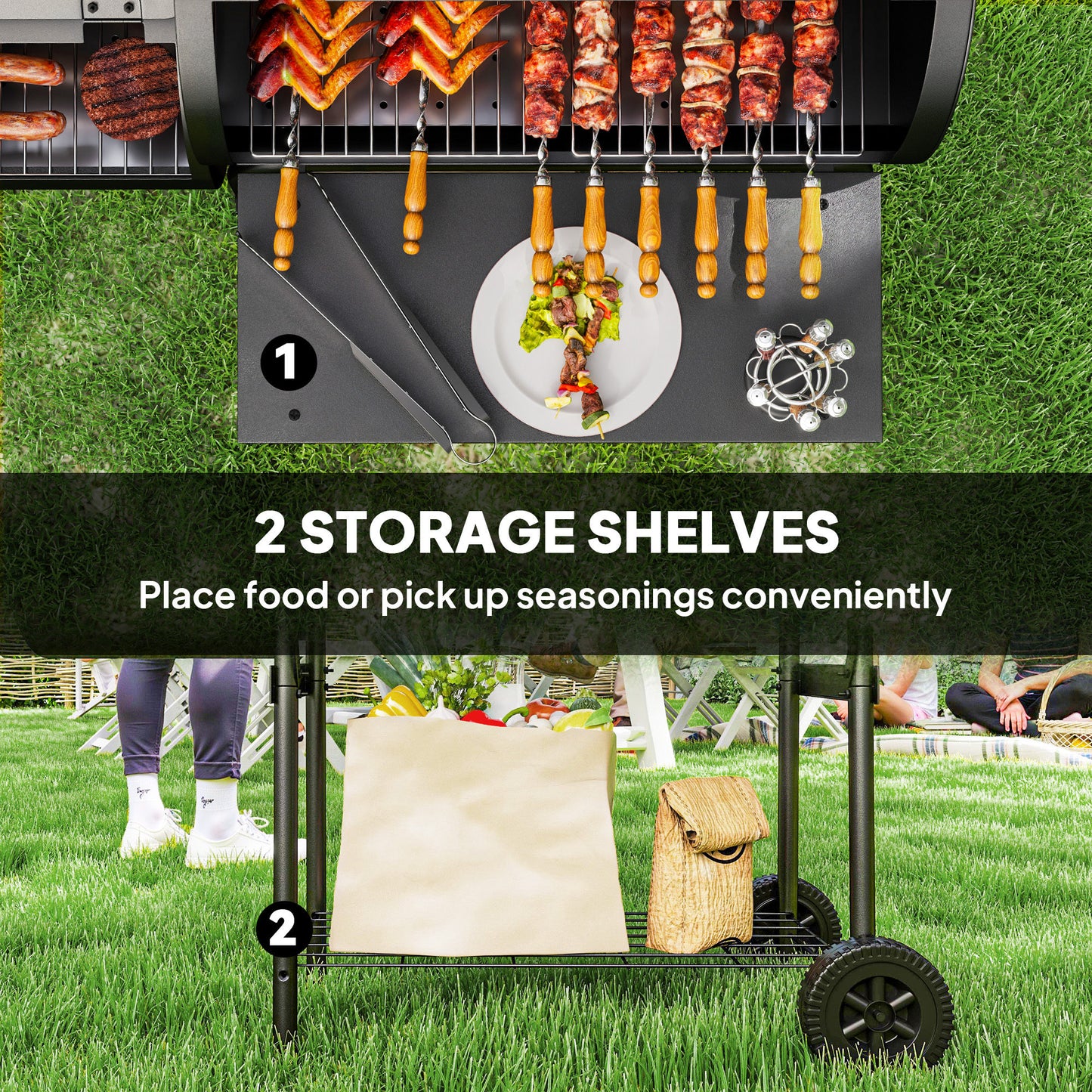 Portable Outdoor Charcoal BBQ Grill with Offset Smoker, Barbecue Grill with Spacious Cooking Area, 2 Shelves, Thermomete