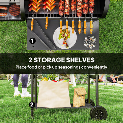 Portable Outdoor Charcoal BBQ Grill with Offset Smoker, Barbecue Grill with Spacious Cooking Area, 2 Shelves, Thermomete
