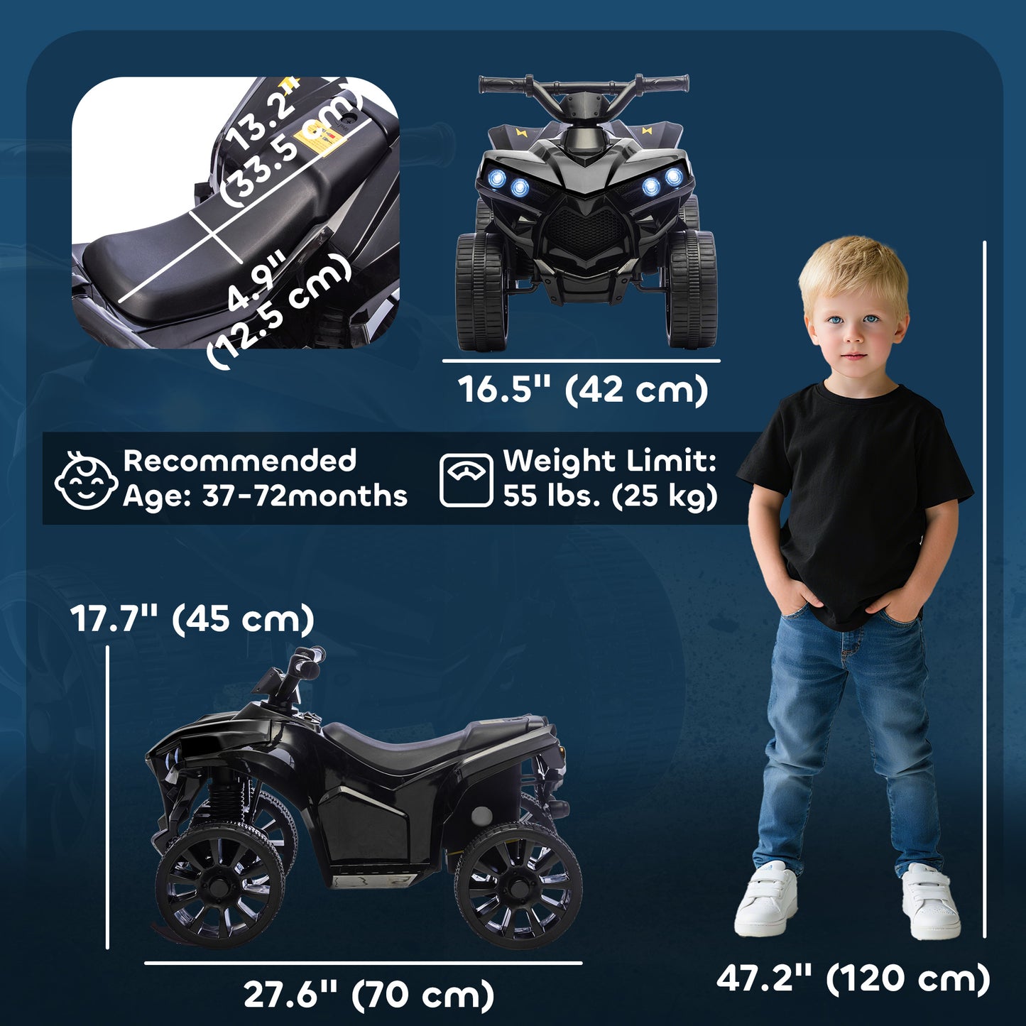 Qaba 6V Kids ATV, 4 Wheeler Electric Ride on Car with Music and LED Headlights, for Ages 37-72 Months Boys and Girls, Bl