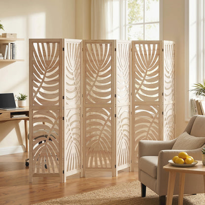 6 Panel Room Divider, Detachable Folding Privacy Screens with Palm Leaf Design for Home Office, Natural Wood