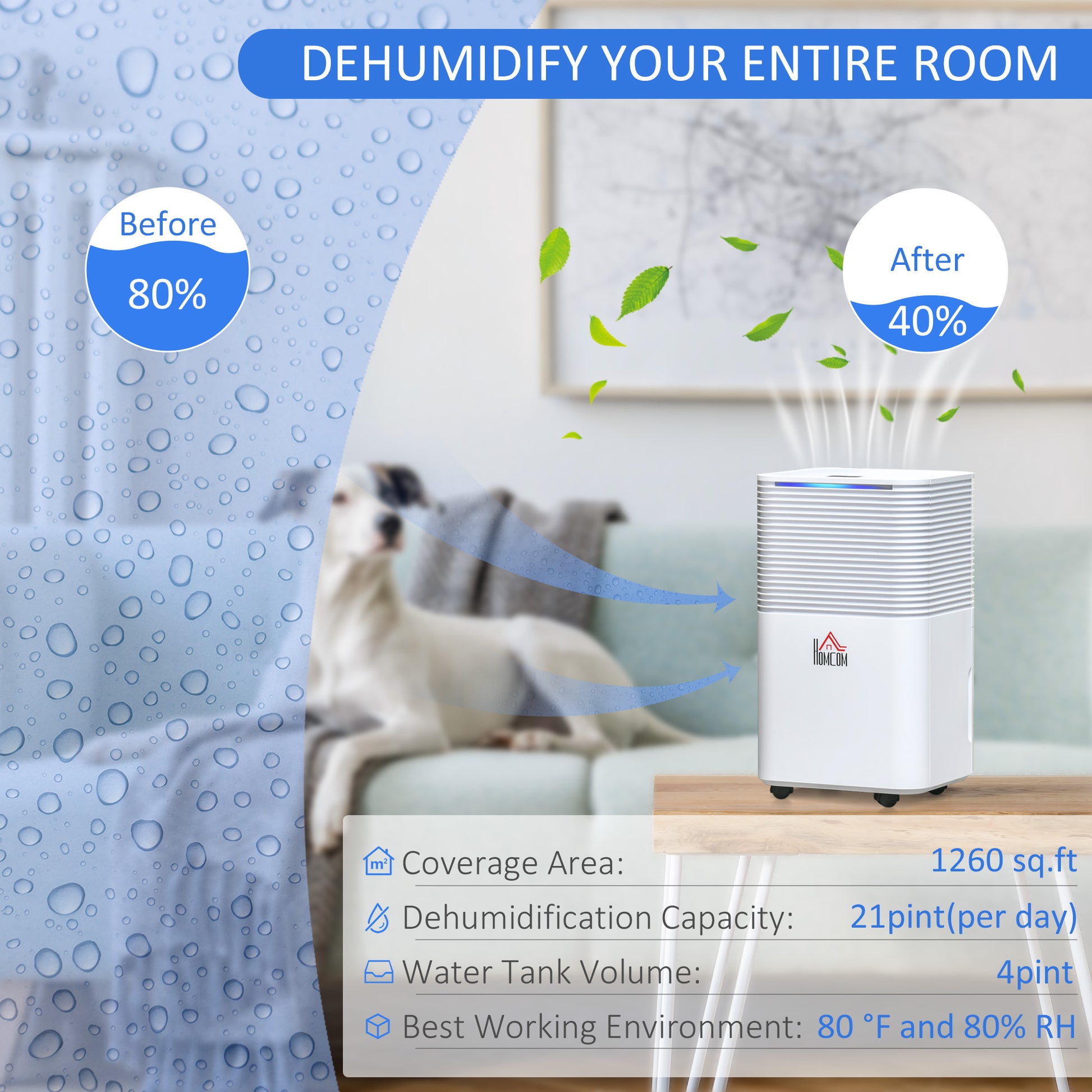 1260 sq.Ft Portable Quiet Dehumidifier for Home Laundry Room Bedroom Basement, 21pt Electric Moisture Air De-Humidifier 