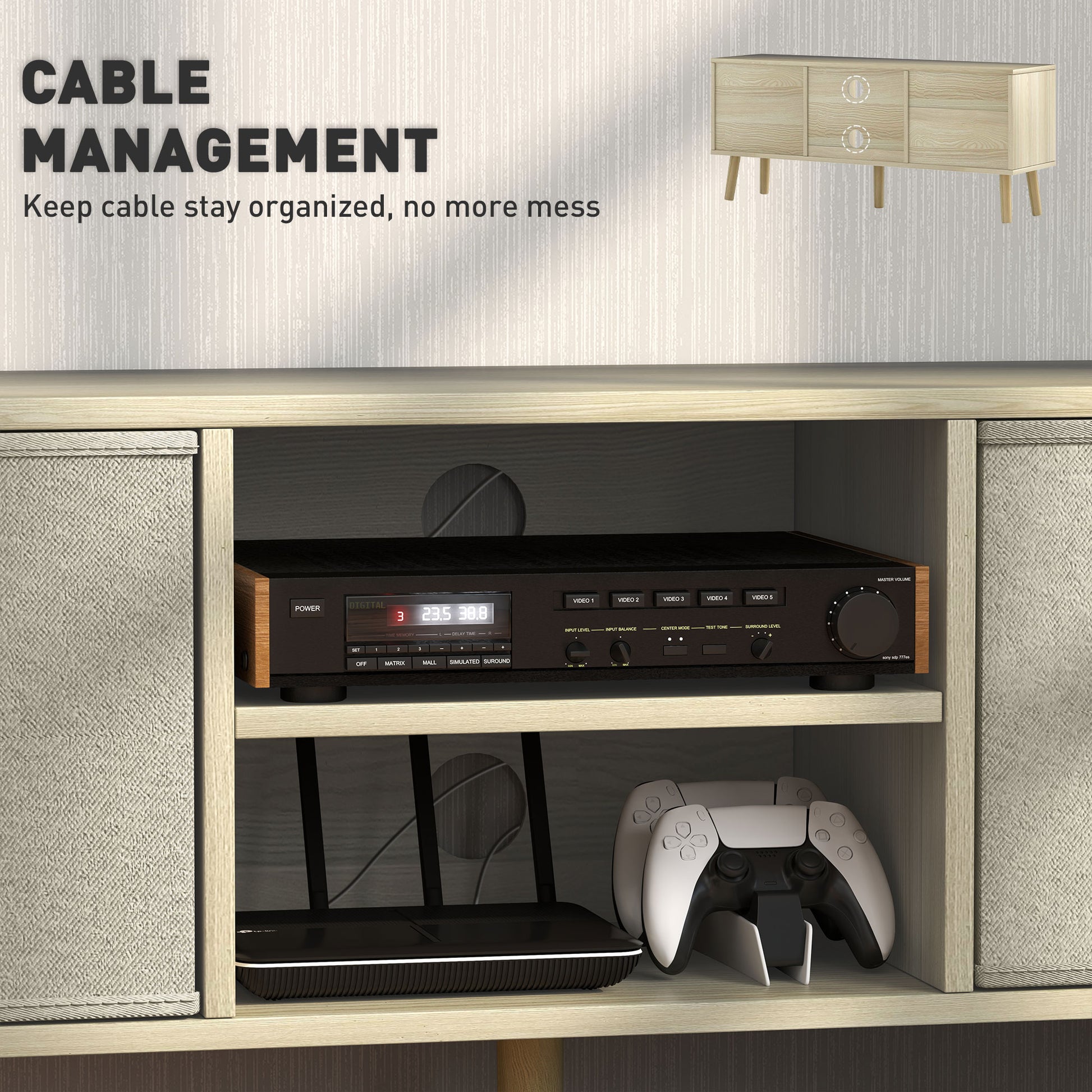 Modern TV Stand Cabinet with Foldable Drawers and Shelves for Living Room, Bedroom, Natural
