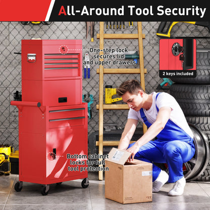 Large Tool Cabinet, 3-in-1 Rolling Tool Chest, Detachable Tool Storage Organizer with 6 Drawers and Pegboard, Red