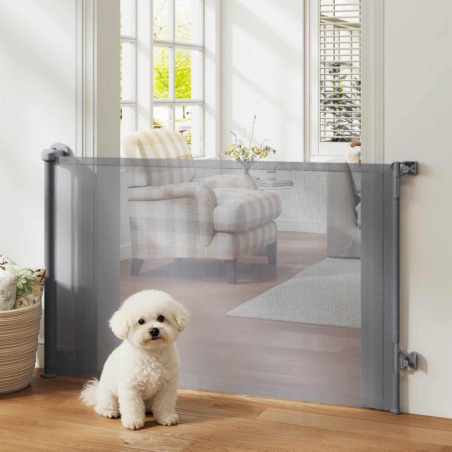 Retractable Dog Gate, 36.6" Tall,  Extends to 55" Wide, Mesh Pet Gate with Single Hand Operation, for Stairs, Doorways
