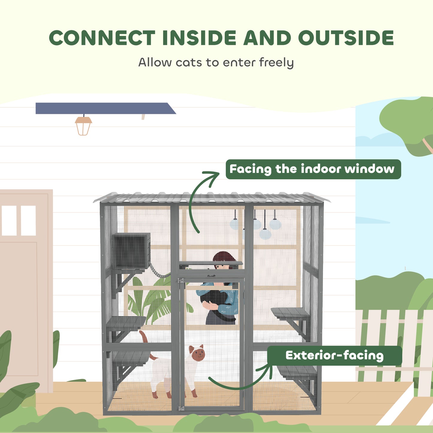 Large Outdoor Catio with Weatherproof Roof, Bridge, Resting Box, Platforms, Grey