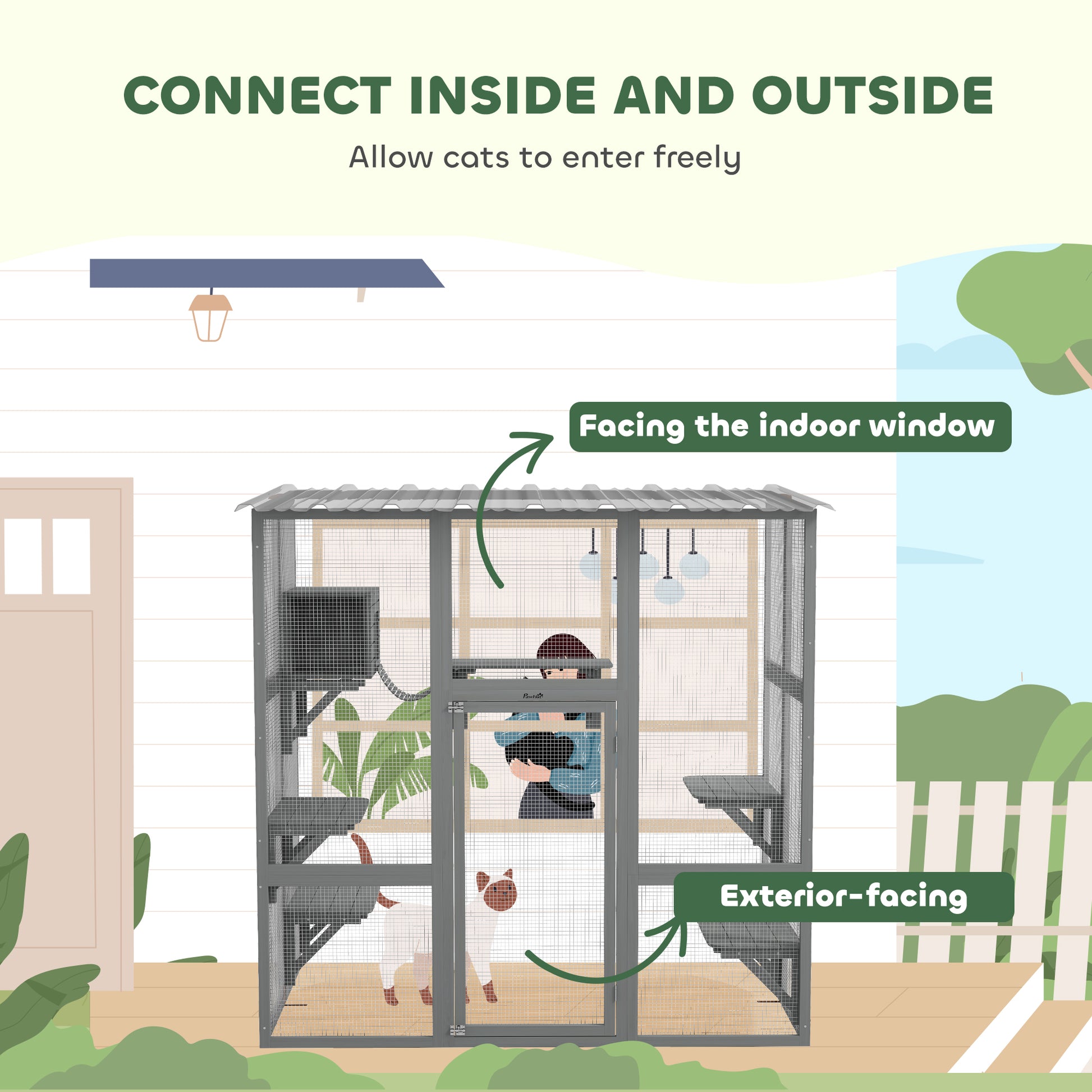 Large Outdoor Catio with Weatherproof Roof, Bridge, Resting Box, Platforms, Grey