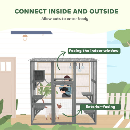 Large Outdoor Catio with Weatherproof Roof, Bridge, Resting Box, Platforms, Grey
