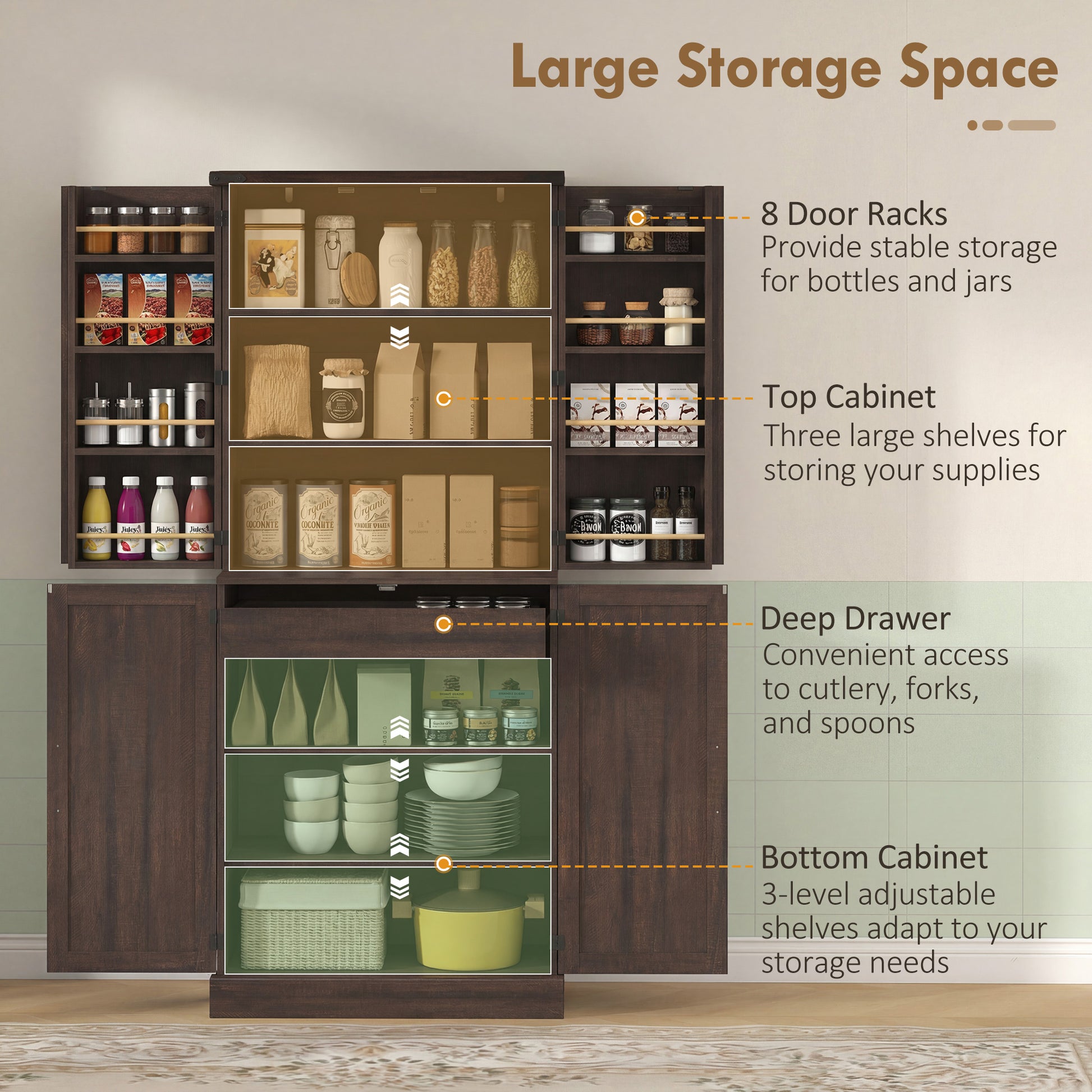72" Tall Kitchen Pantry Cabinet, Farmhouse Storage Cabinet with 8 Door Racks and Adjustable Shelves, Distressed Brown