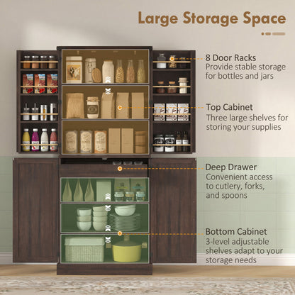 72" Tall Kitchen Pantry Cabinet, Farmhouse Storage Cabinet with 8 Door Racks and Adjustable Shelves, Distressed Brown
