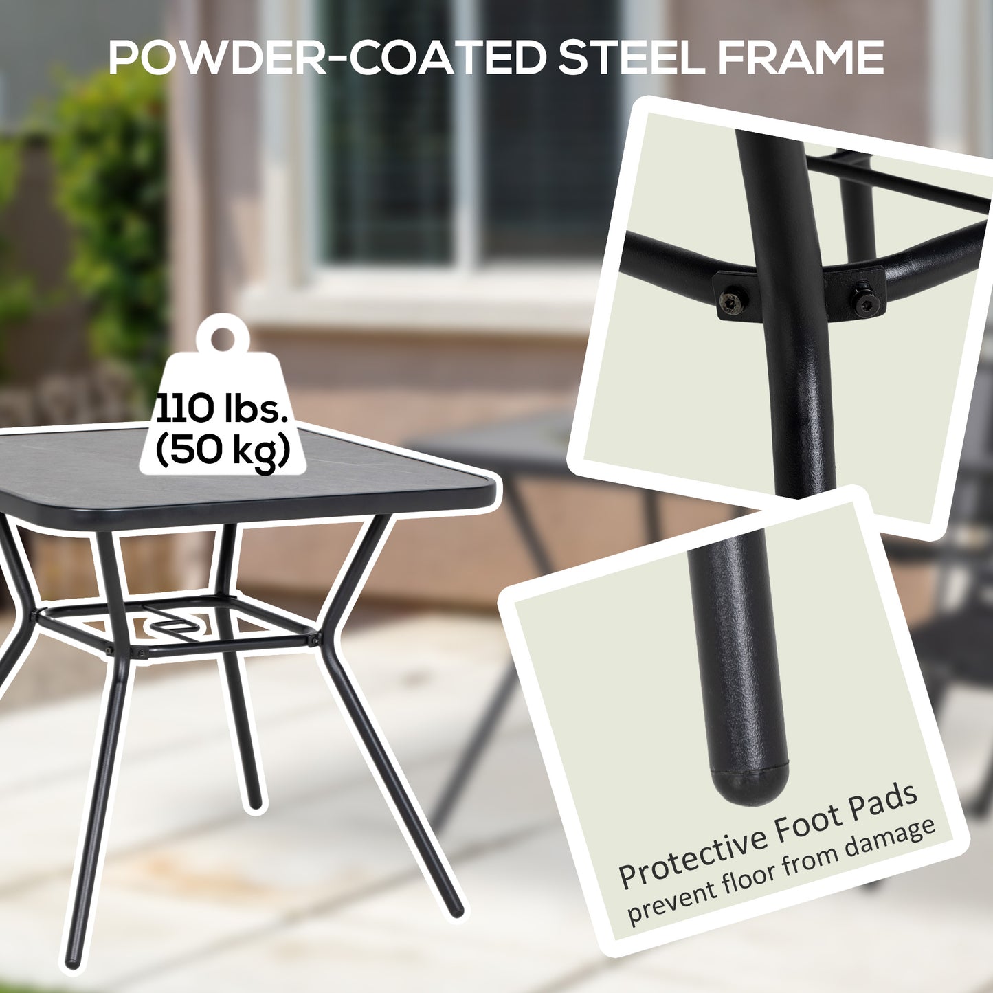 Square Outdoor Table, Patio Bistro Coffee Table with Faux-marbled Top and 42mm Umbrella Hole for Garden, Dark Grey