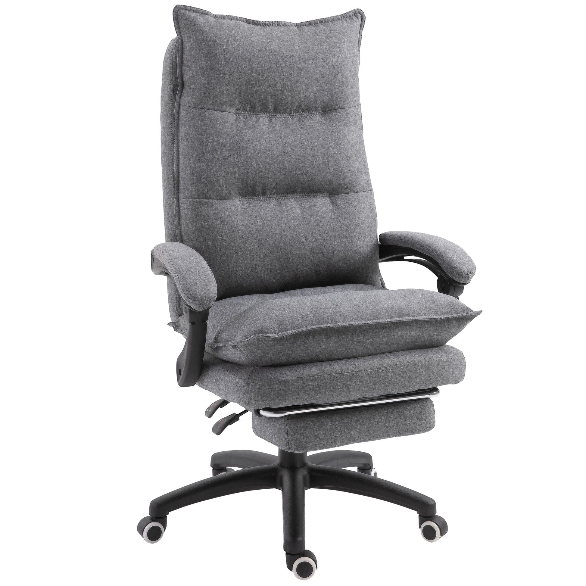 Office Chair 360° Swivel Adjustable Height Linen Style Fabric Recliner with Retractable Footrest and Double Padding, Gre